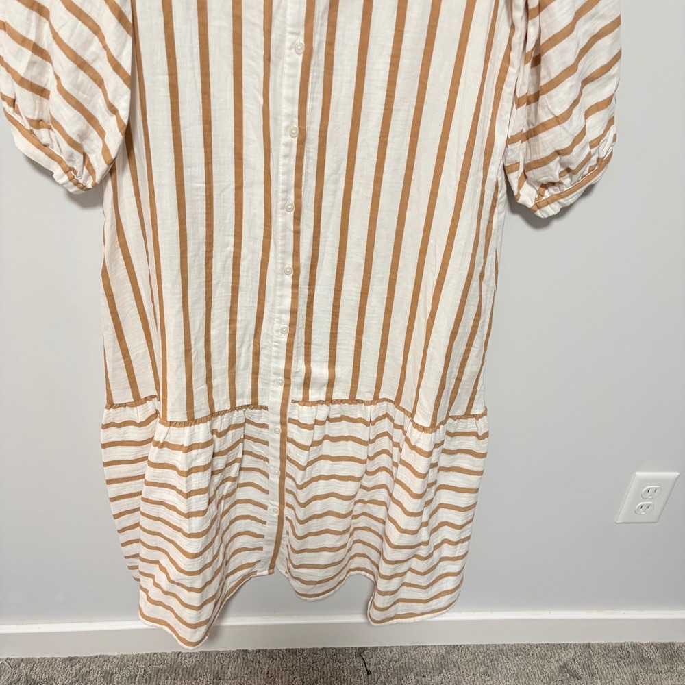 Chico's Striped Midi Shirt Dress COTTO Tan White Cotton gauze Pockets Boho - Picture 3 of 10